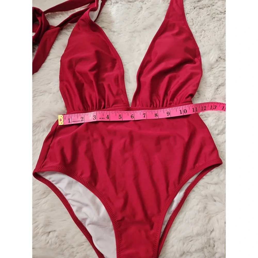 CUPSHE Maroon Red Plunge V-Neck Halter One-Piece Swimsuit Size Small S